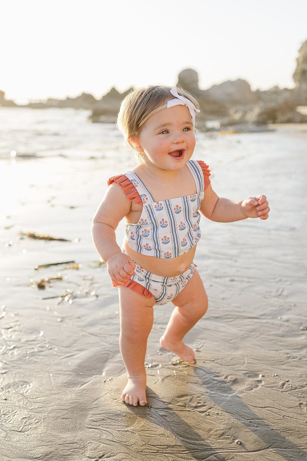 Mebie Baby Block Print Floral Ruffle Bikini Set