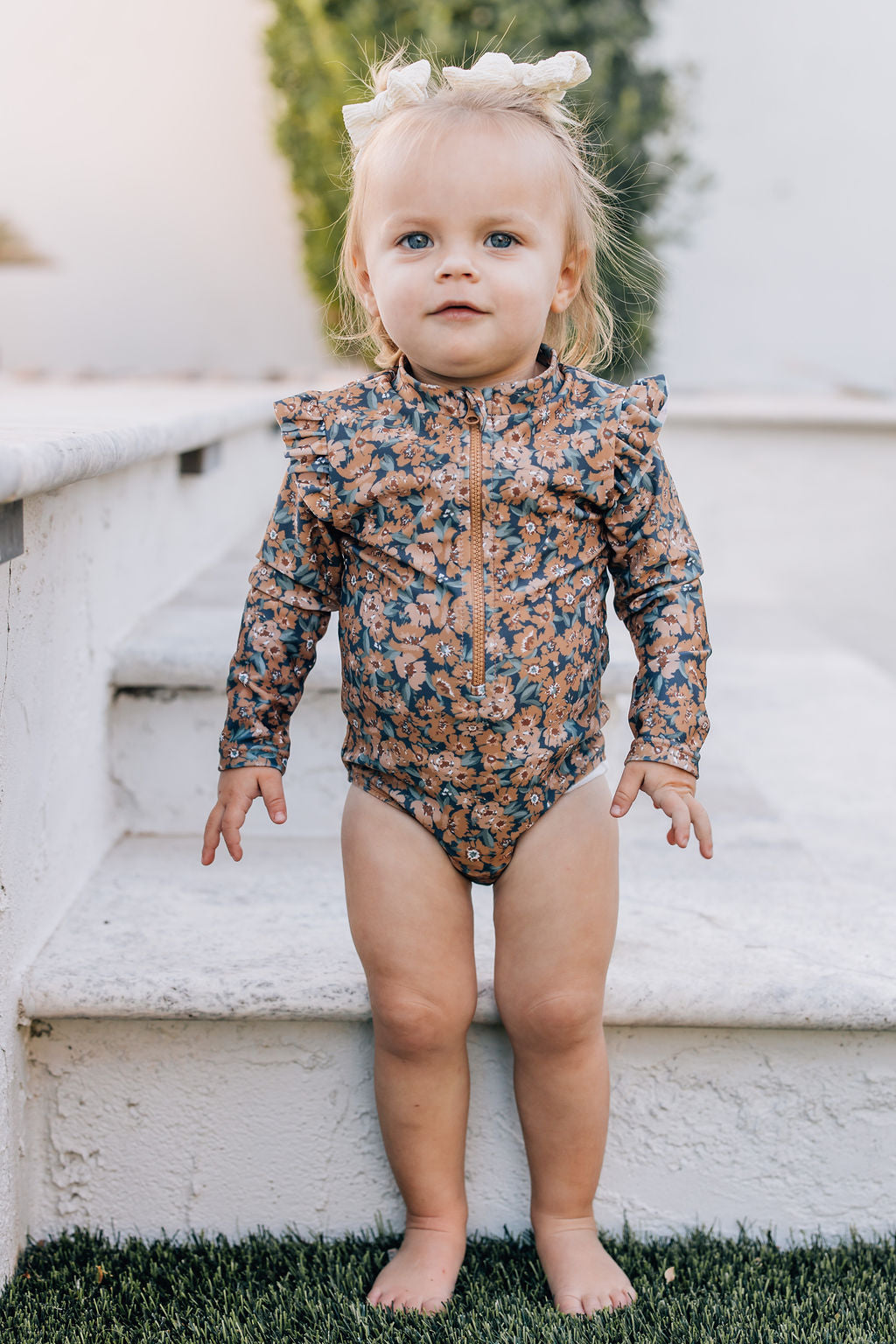 Mebie Baby Venetian Floral Ruffle Zipper One-Piece