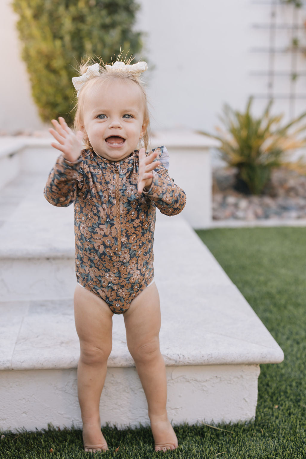 Mebie Baby Venetian Floral Ruffle Zipper One-Piece