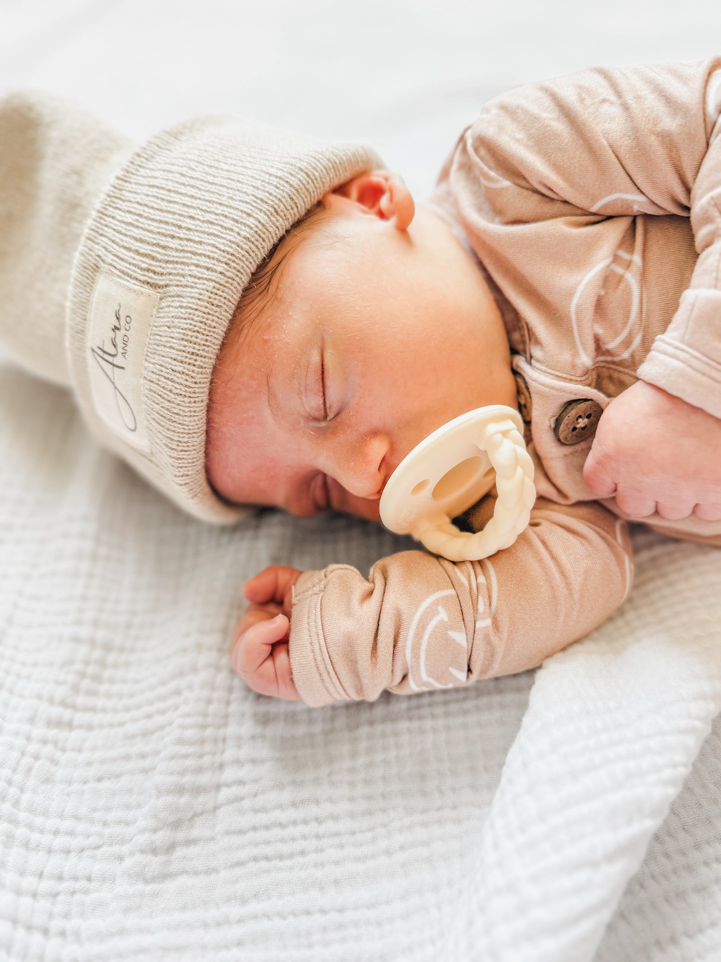 Soft Knitted Cuff Newborn Beanie - Beige