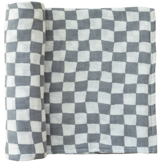 Mebie Baby Muslin Swaddle - Dusty Blue Wavy Checkered