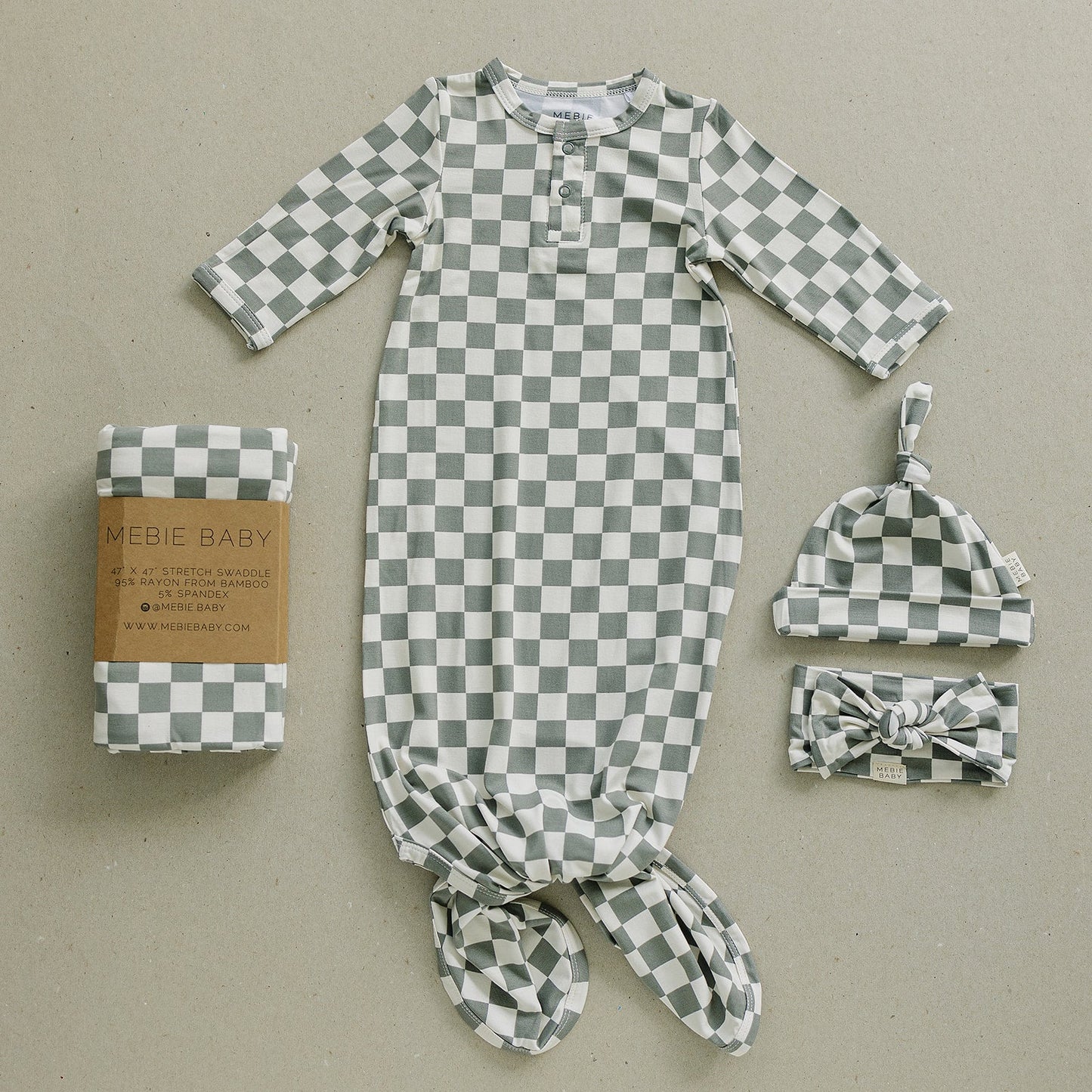 Mebie Baby Bamboo Knot Gown - Light Green Checkered