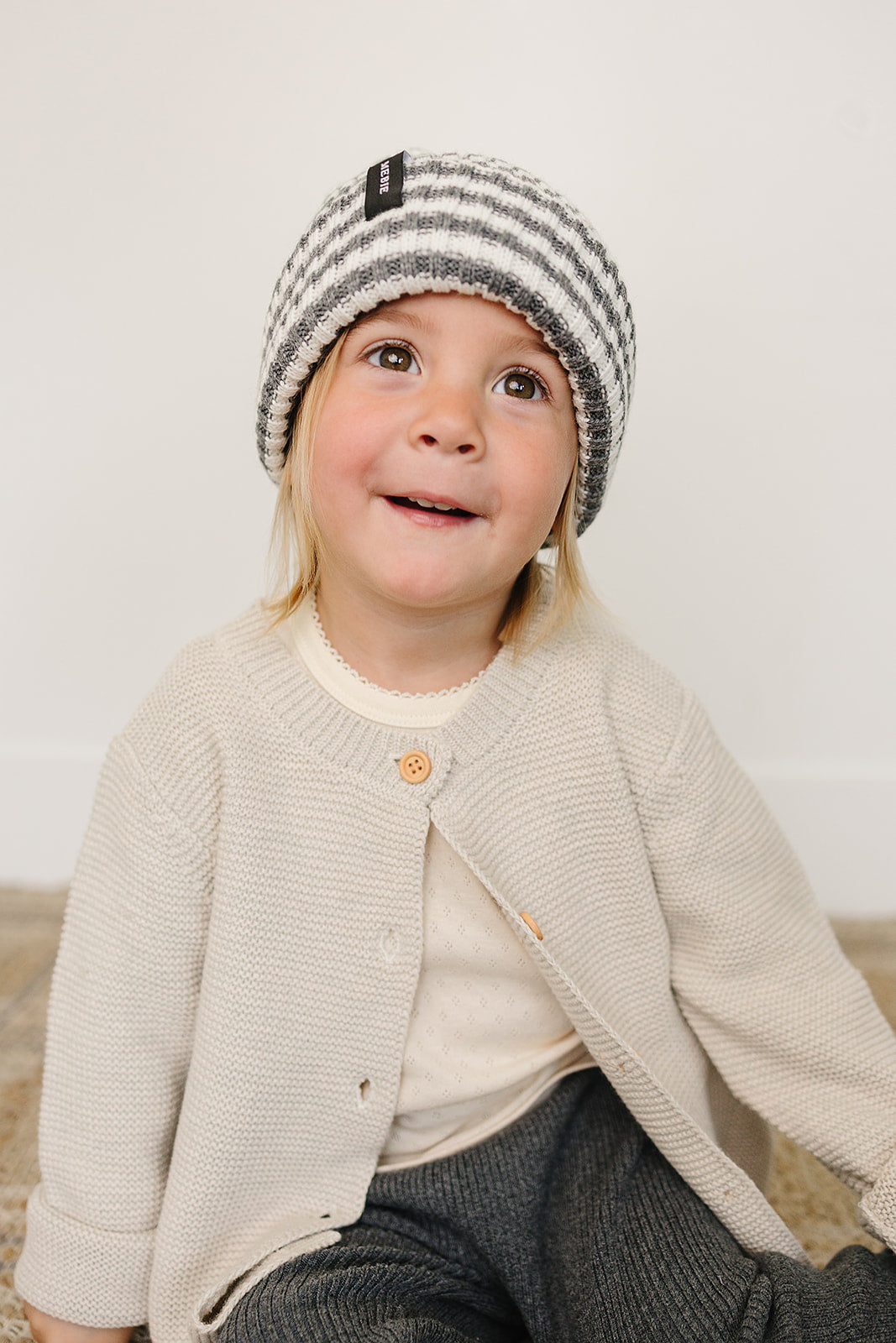 Mebie Baby Grey & White Stripe Chunky Knit Beanie