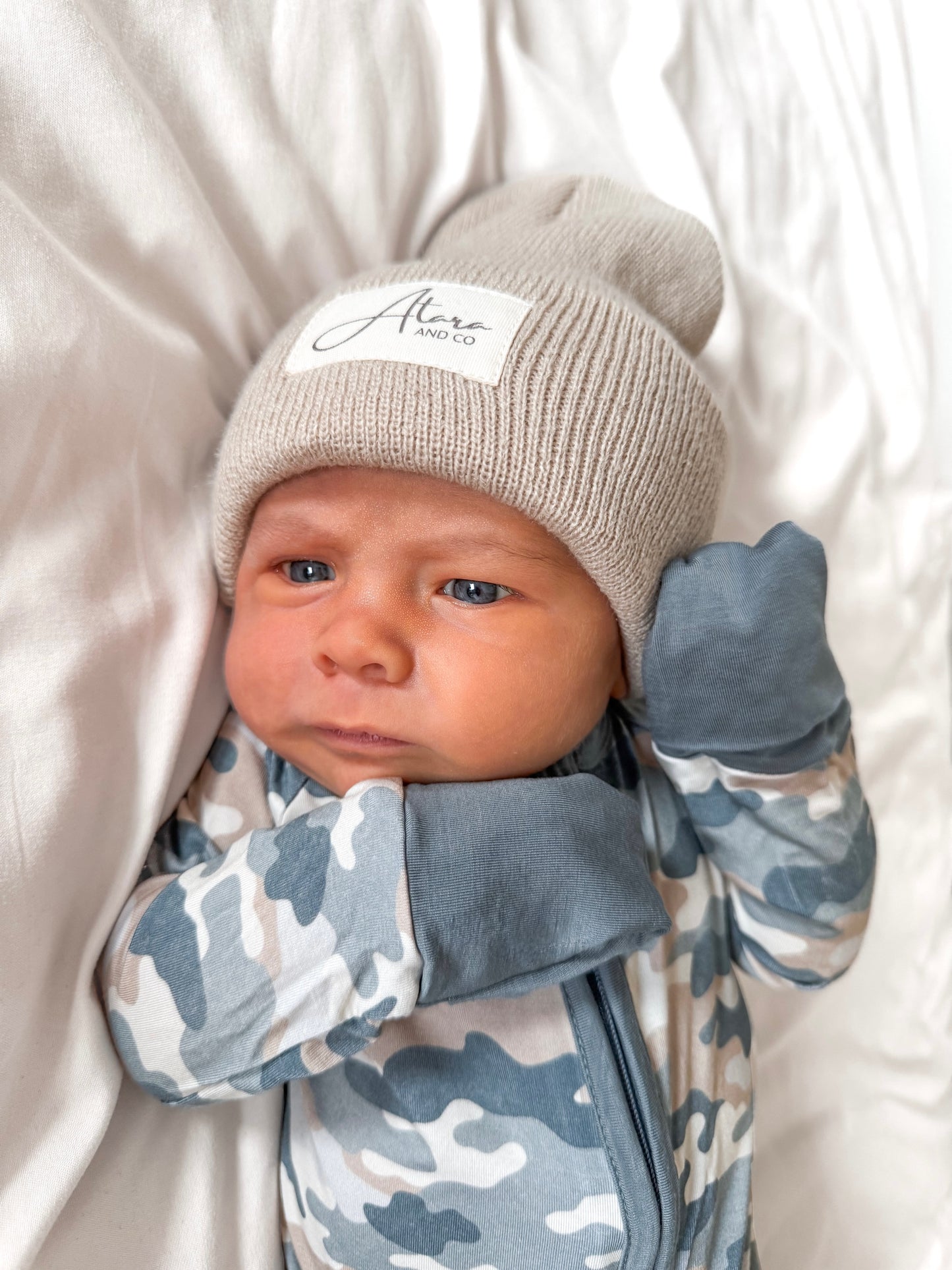 Soft Knitted Cuff Newborn Beanie - Beige