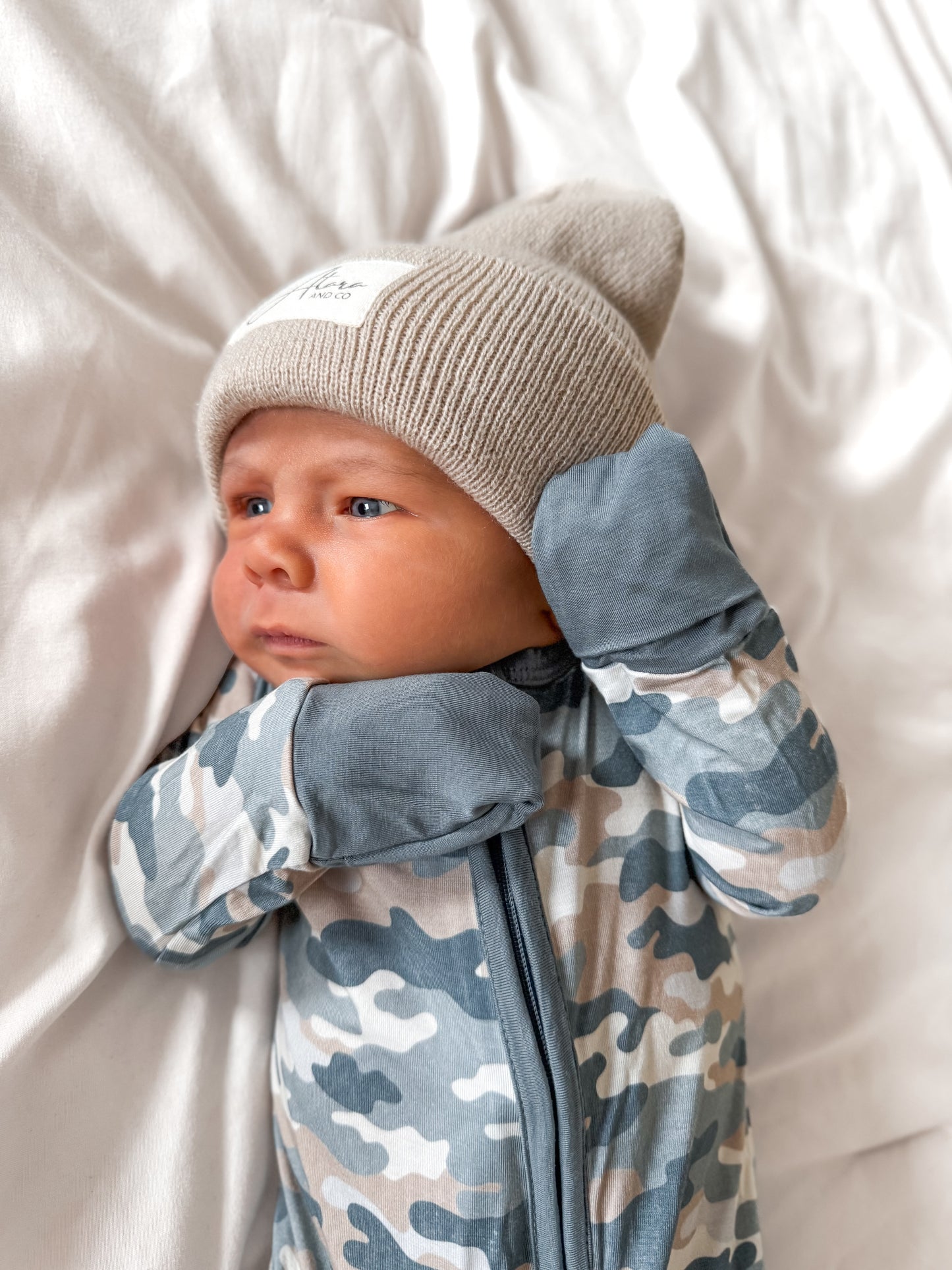 Soft Knitted Cuff Newborn Beanie - Beige