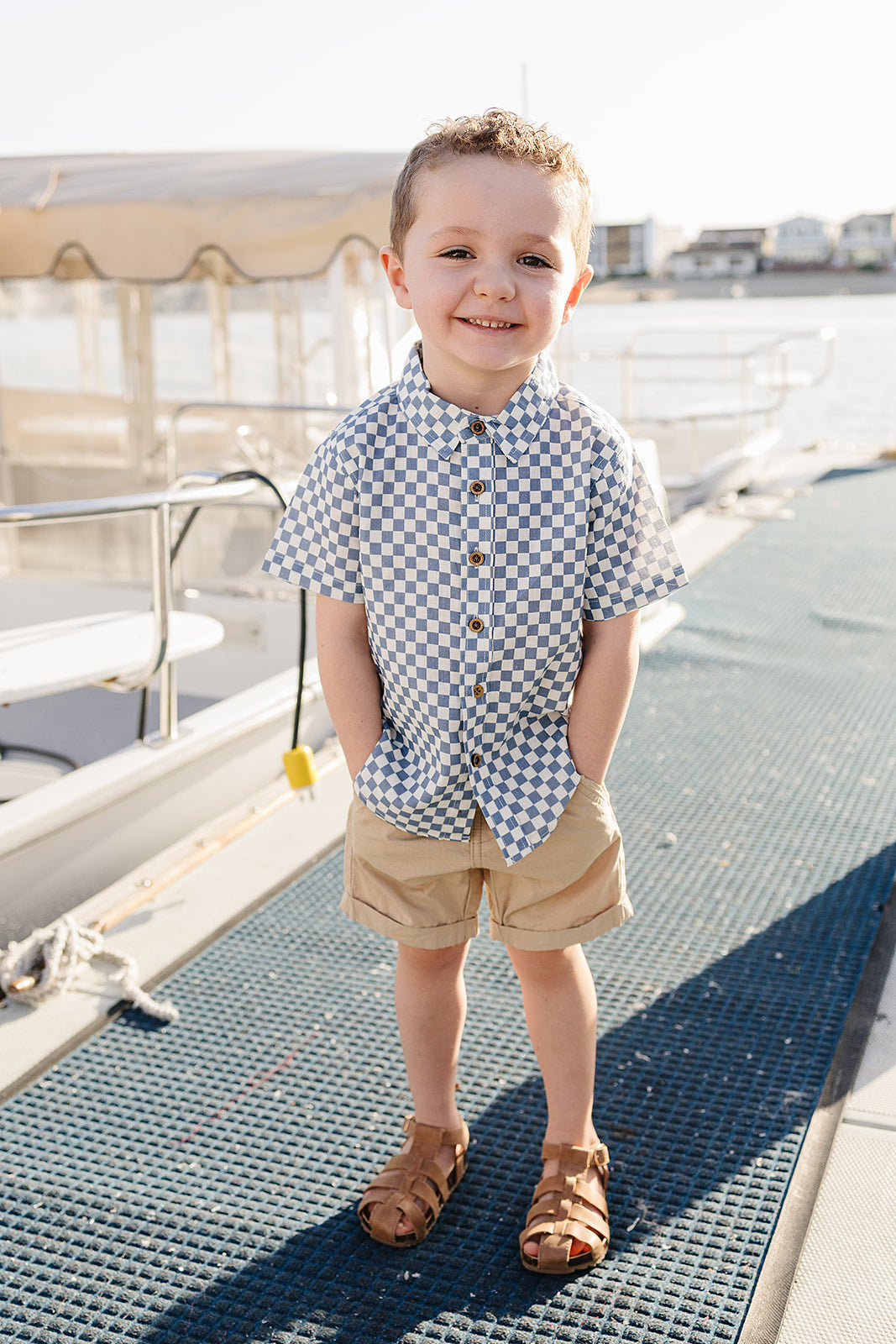 Mebie Baby Blue Checkered Linen Button Up Shirt