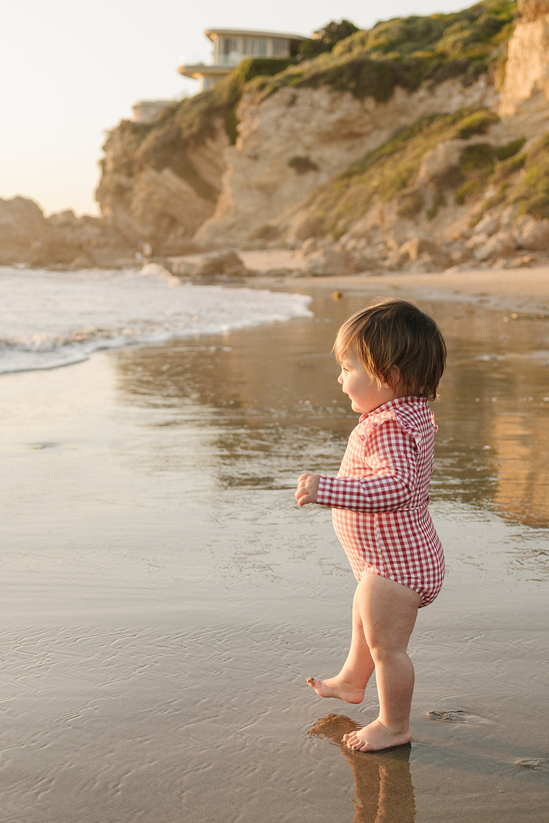 Mebie Baby Gingham Long Sleeve Ruffle Zipper One-Piece