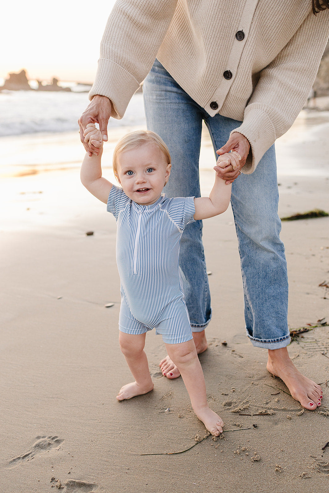 Mebie Baby Blue Stripe Zipper Swimsuit