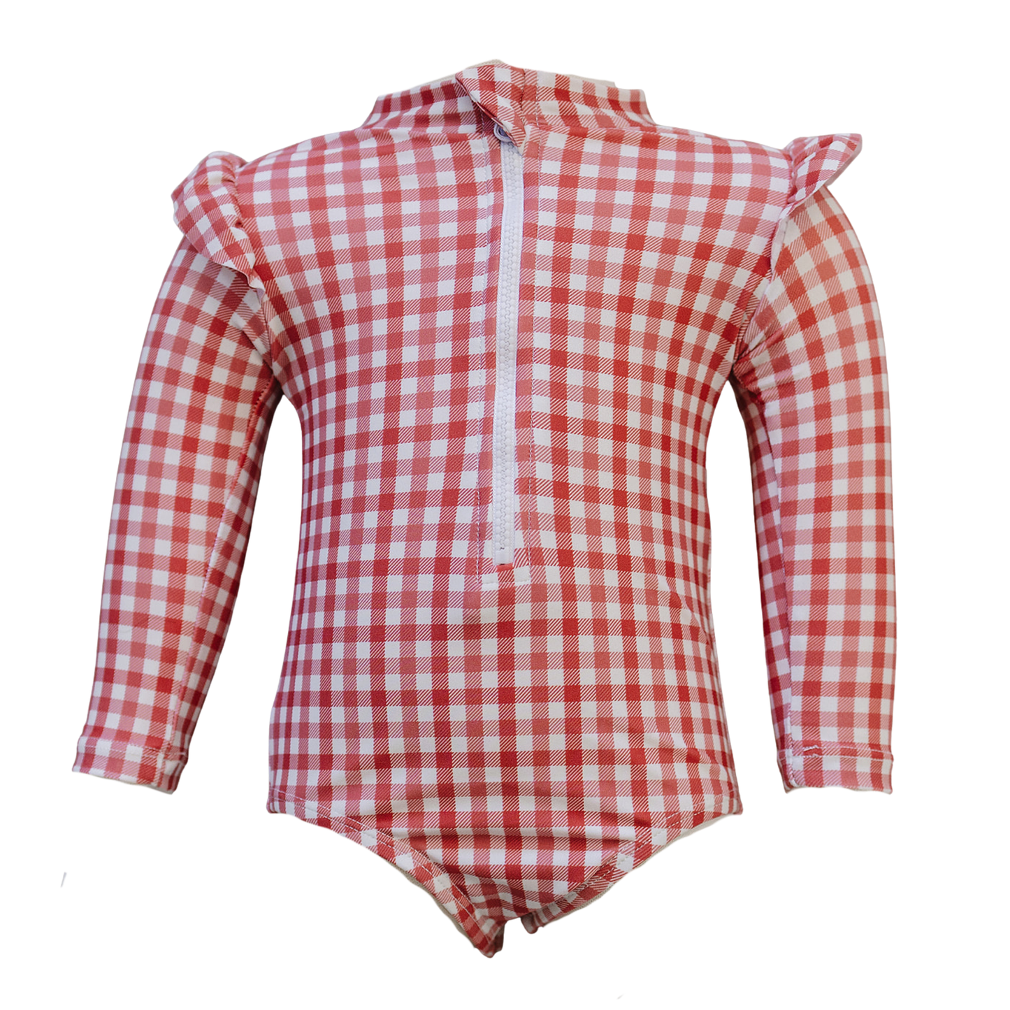 Mebie Baby Gingham Long Sleeve Ruffle Zipper One-Piece