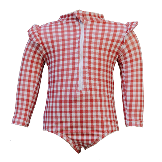 Mebie Baby Gingham Long Sleeve Ruffle Zipper One-Piece