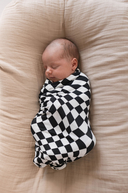 Forever French Bamboo Swaddle - B&W Wavy Checkerboard - Atara & Co