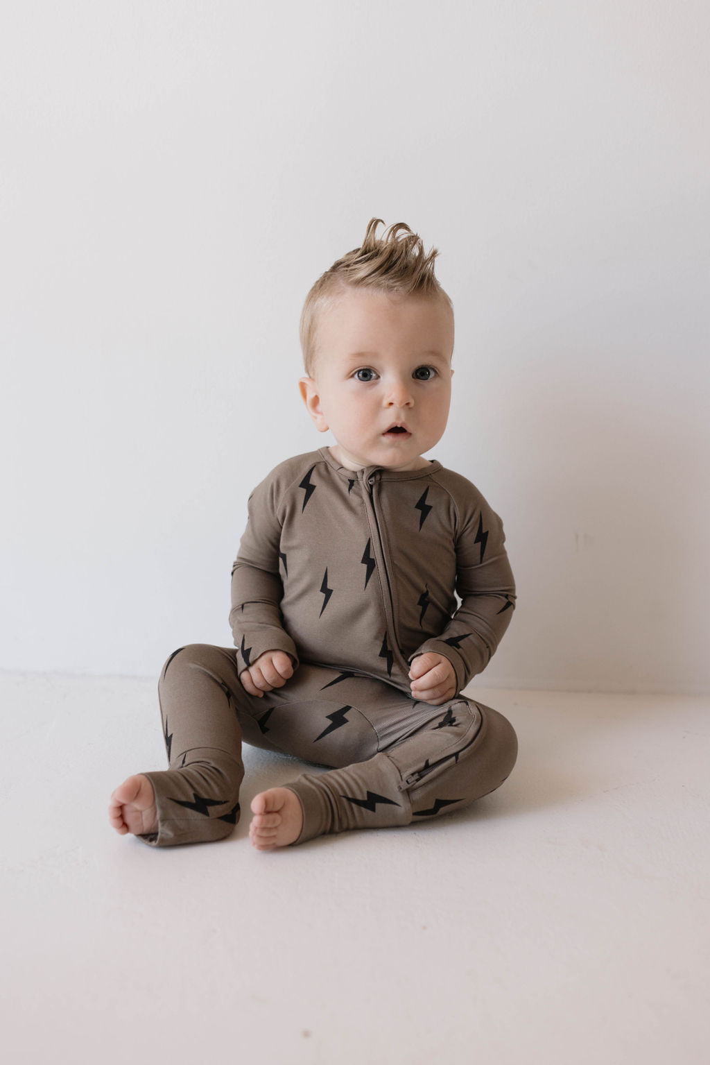 Forever French Bamboo Zip Pajamas - Brown & Black Lightning Bolt