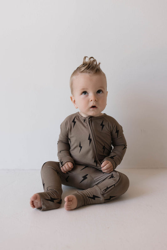 Forever French Bamboo Zip Pajamas - Brown & Black Lightning Bolt