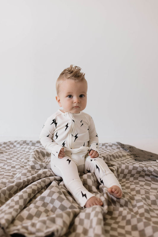 Forever French Bamboo Zip Pajamas - White & Black Lightning Bolt