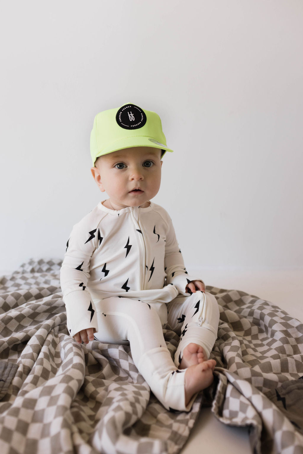 Forever French Bamboo Zip Pajamas - White & Black Lightning Bolt