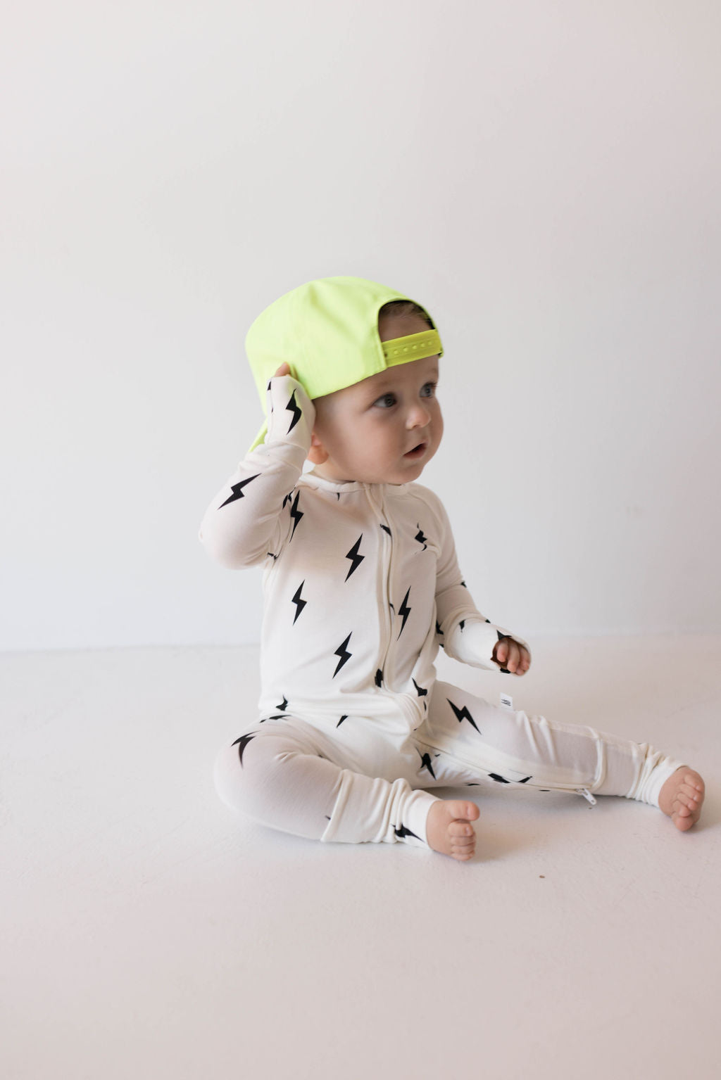 Forever French Bamboo Zip Pajamas - White & Black Lightning Bolt