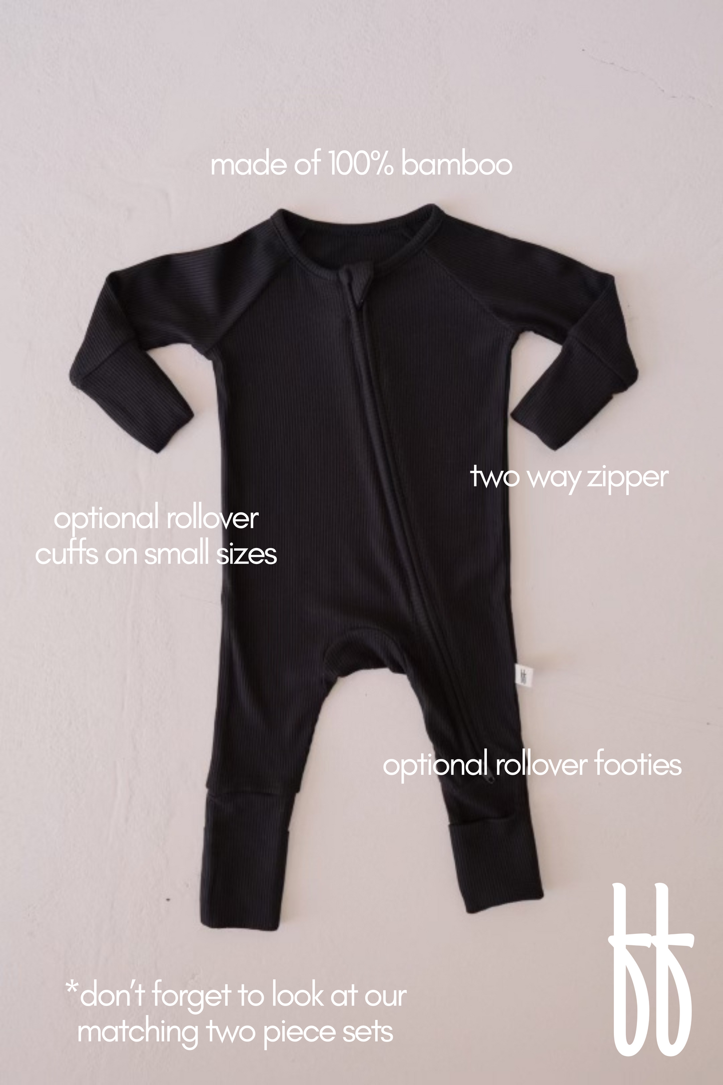 Forever French Bamboo Zip Pajamas - Ribbed Black
