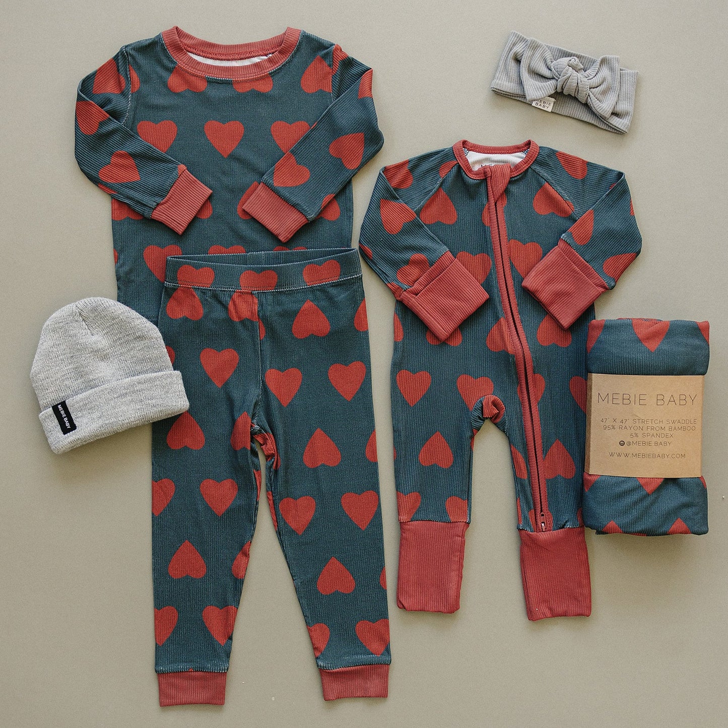 Mebie Baby Ribbed Romper - Navy + Red Hearts