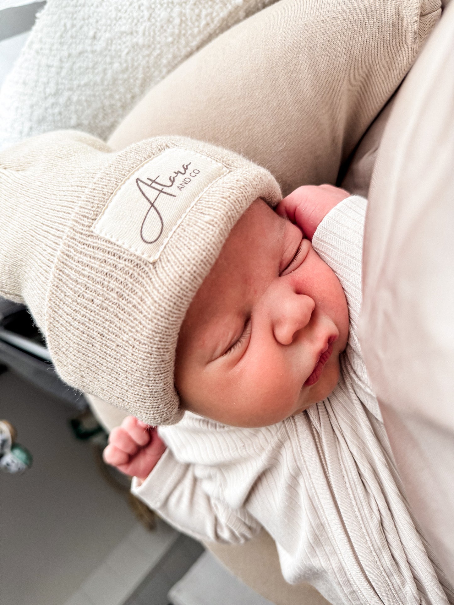 Soft Knitted Cuff Newborn Beanie - Beige