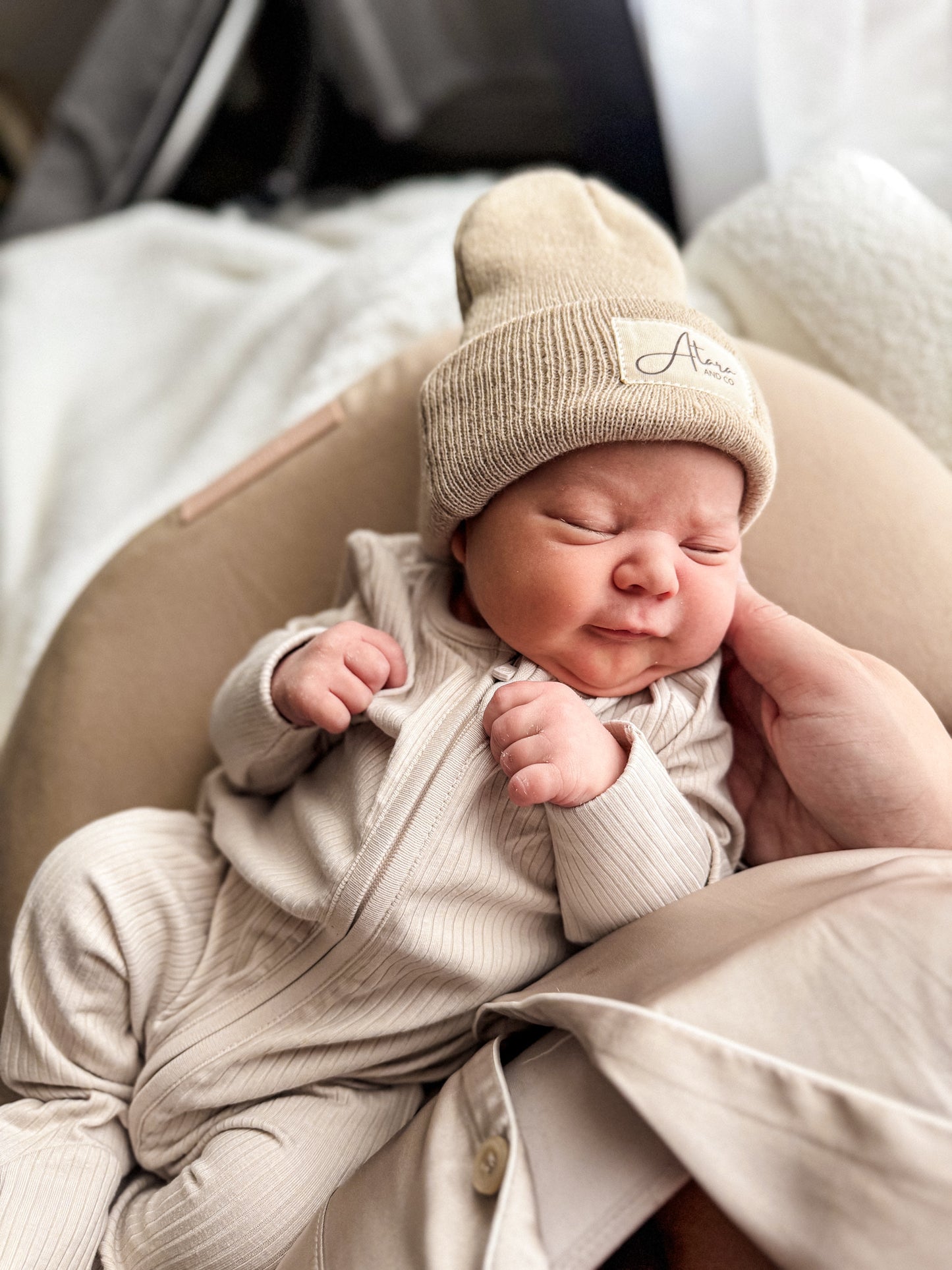 Soft Knitted Cuff Newborn Beanie - Beige