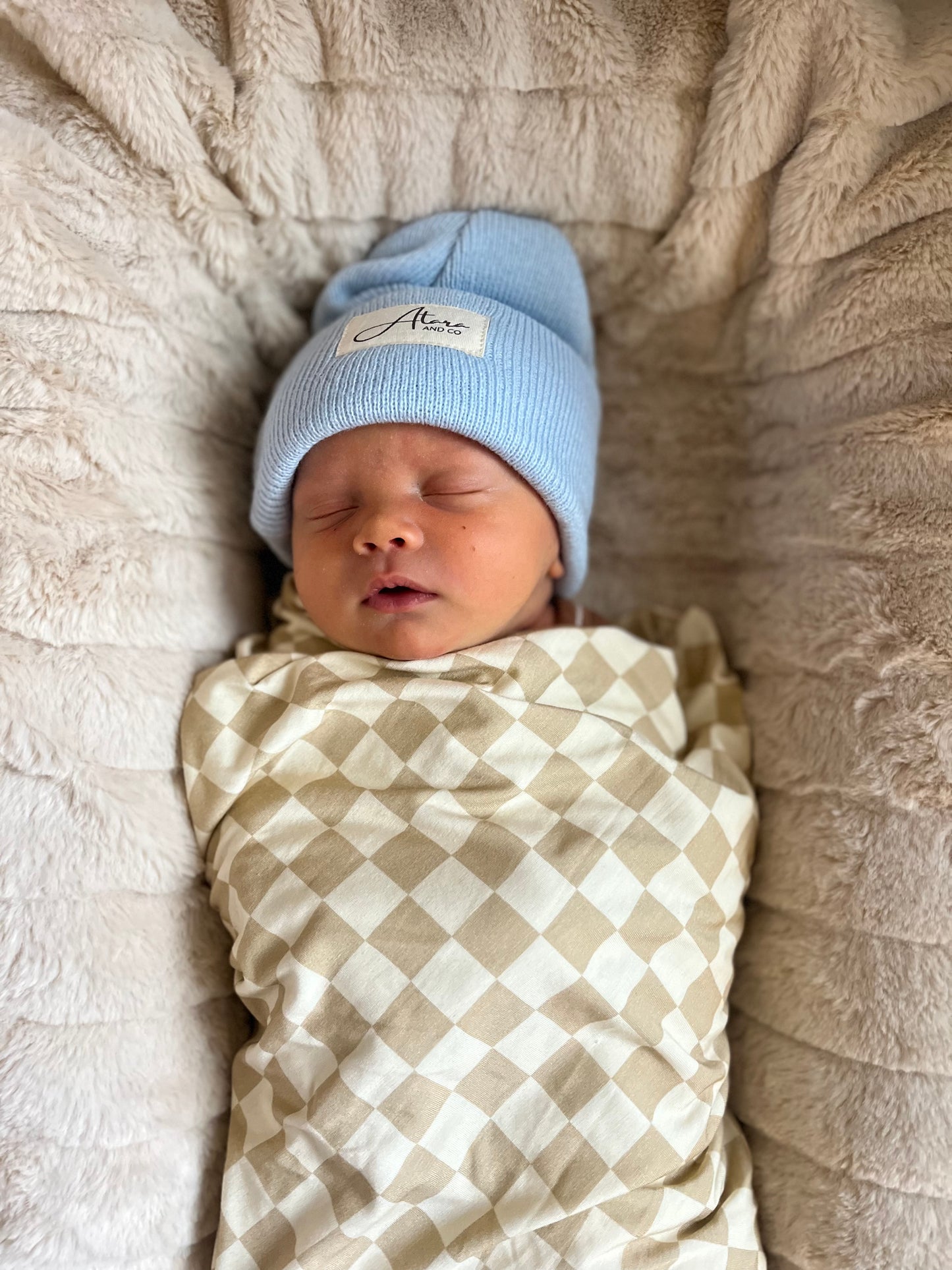 Soft Knitted Cuff Newborn Beanie - Baby Blue