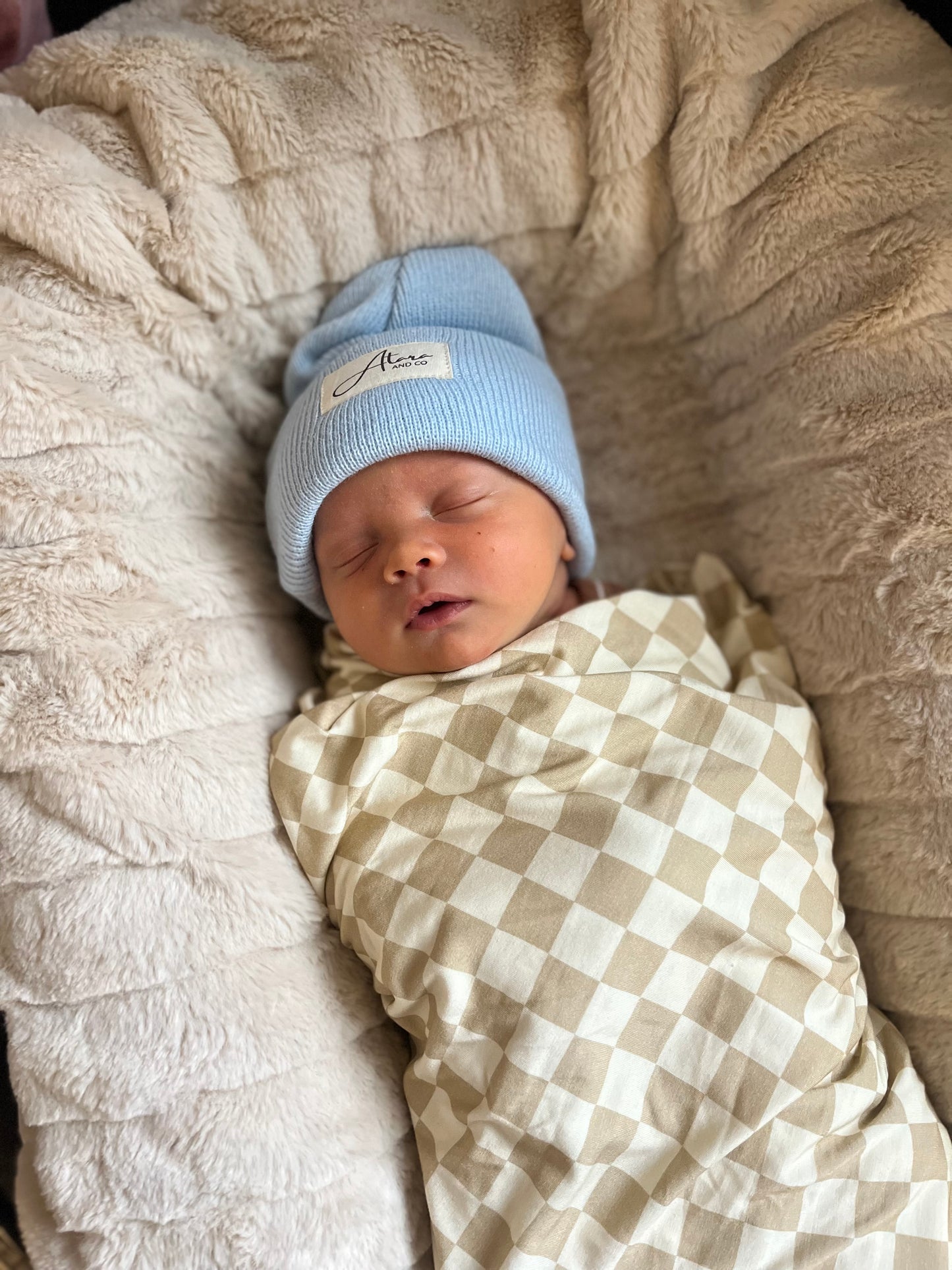 Soft Knitted Cuff Newborn Beanie - Baby Blue