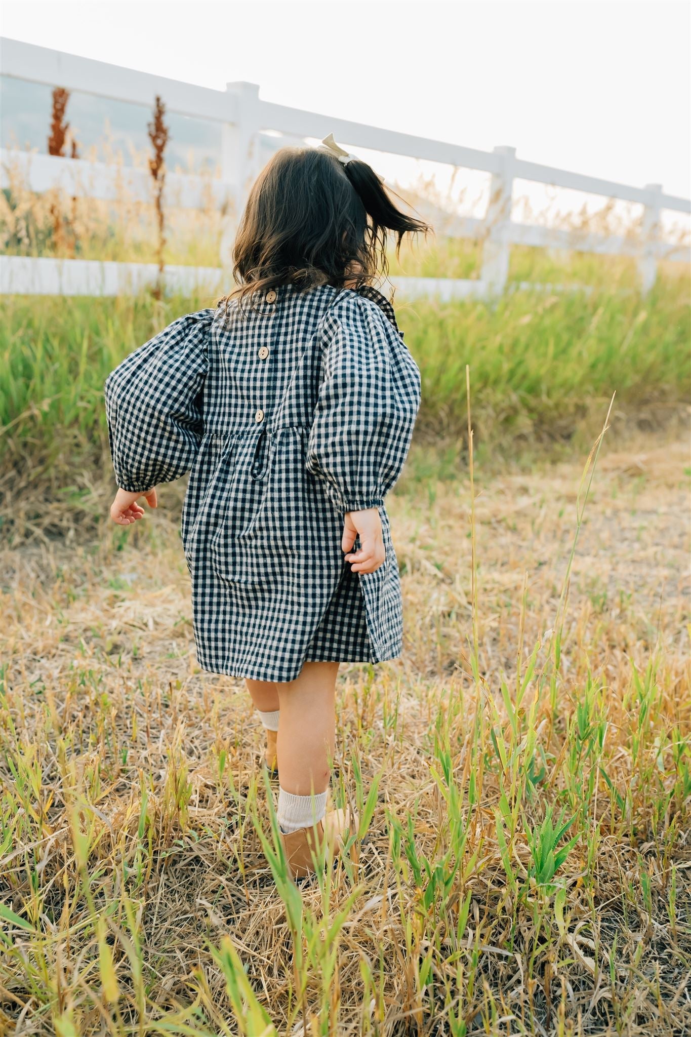 Mebie Baby Gingham Long Sleeve Ruffle Linen Dress