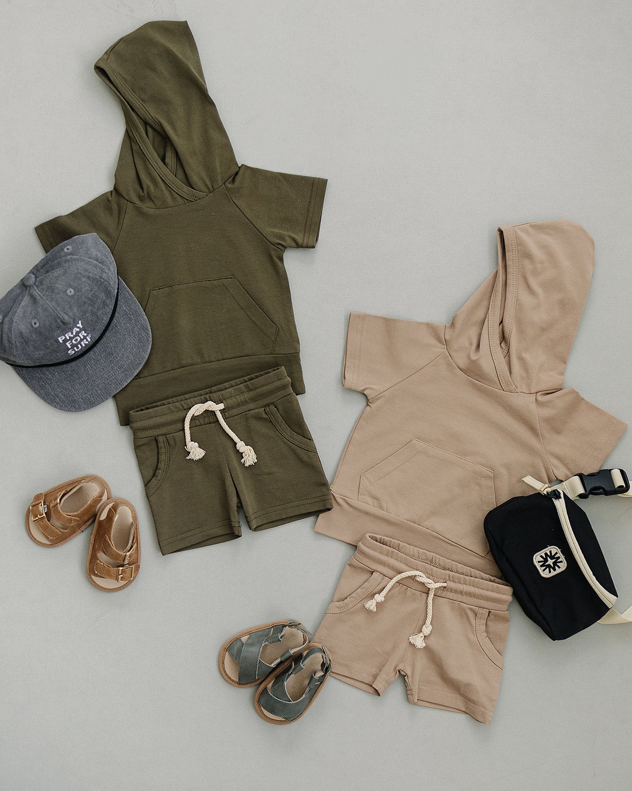 Mebie Baby Hooded Tee and Pocket Short Set - Sand