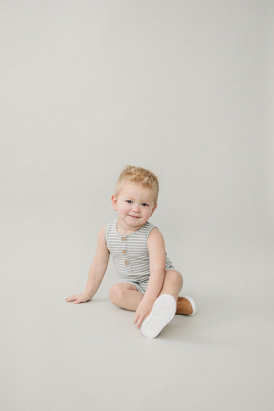 Mebie Baby Short Romper - Grey Stripe