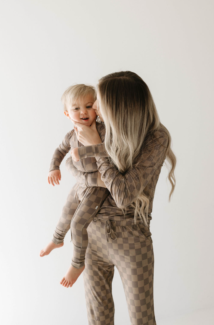 Forever French Bamboo Romper - Faded Brown Checkerboard