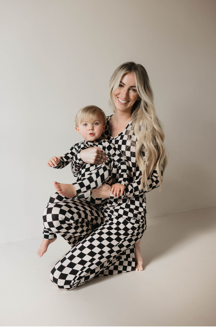Forever French Bamboo Zip Pajamas - Black Checkerboard