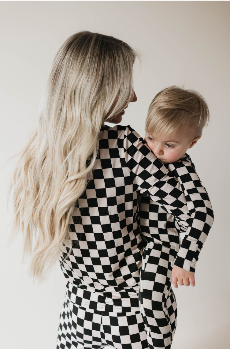 Forever French Bamboo Zip Pajamas - Black Checkerboard