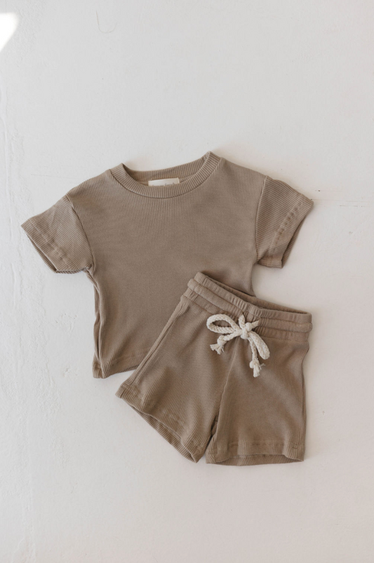 Forever French Waffle Knit Short Set - Dark Taupe