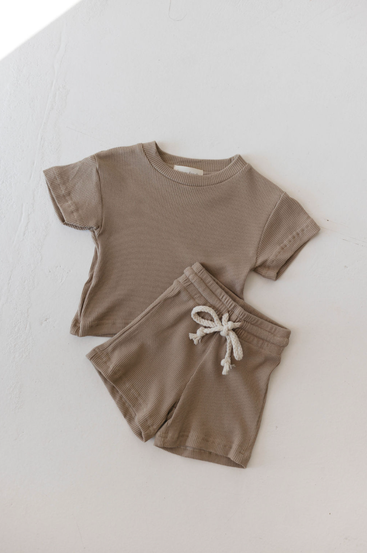 Forever French Waffle Knit Short Set - Dark Taupe