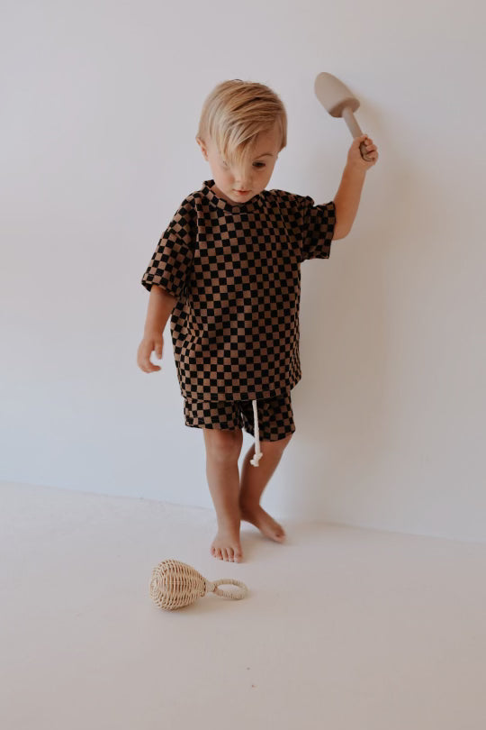 Forever French Ribbed Short Set - Black & Brown Checkerboard