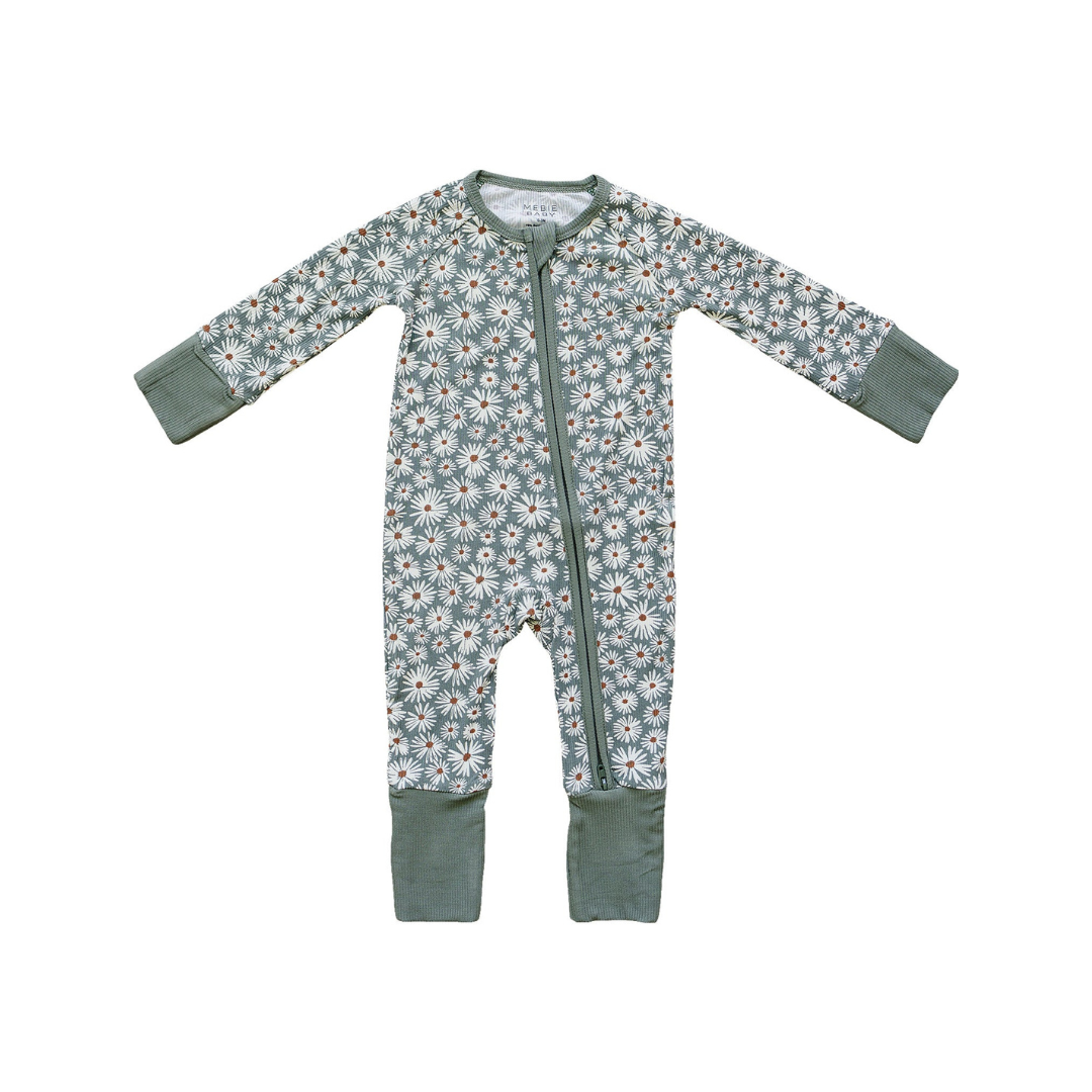 Mebie Baby Ribbed Romper - Dark Green Daisy