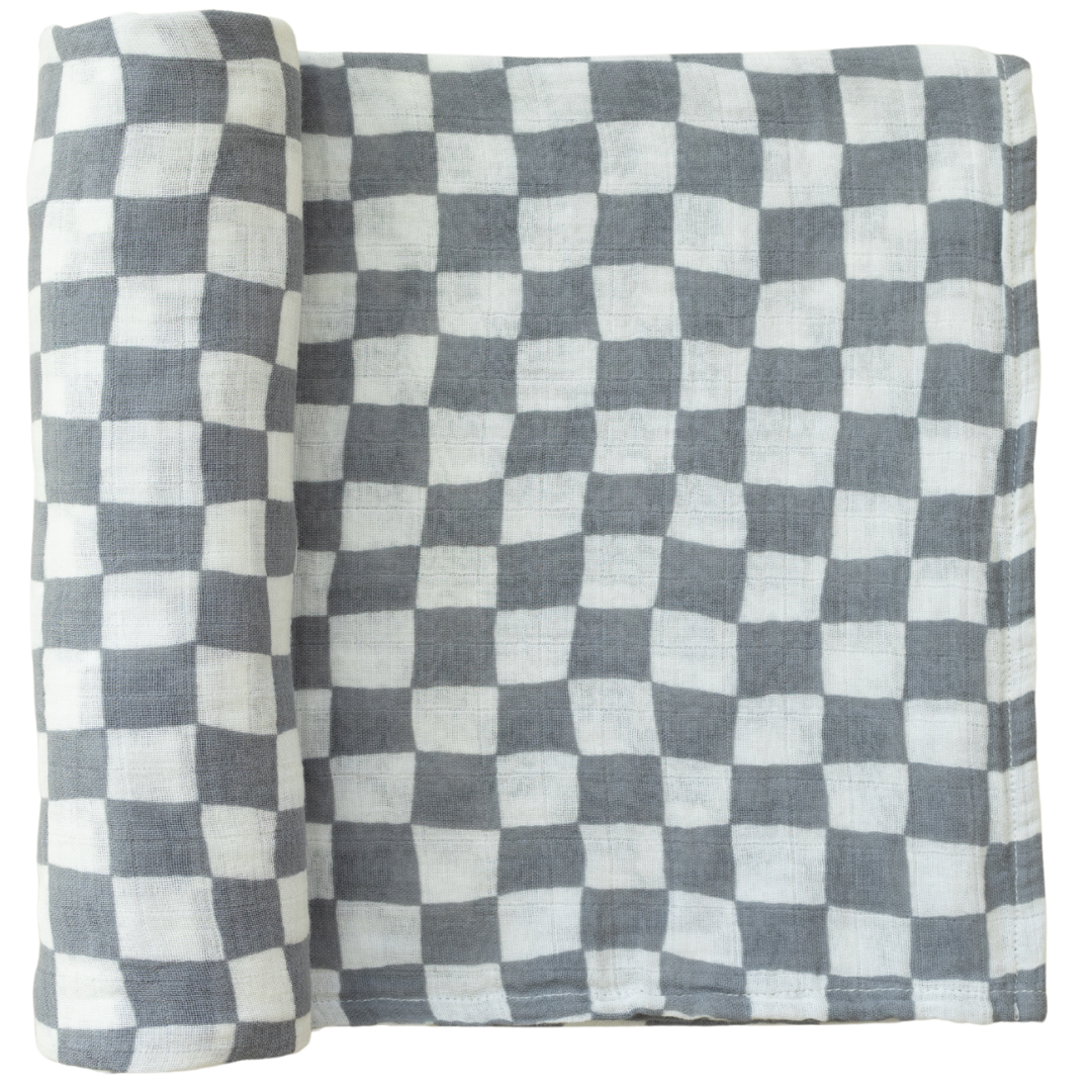 Mebie Baby Muslin Swaddle - Dusty Blue Wavy Checkered