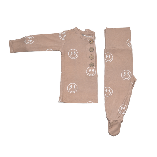 Top + Bottoms Set - Tan Smileys