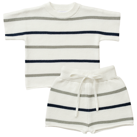 Mebie Baby Sage + Navy Stripe Knit Short Set