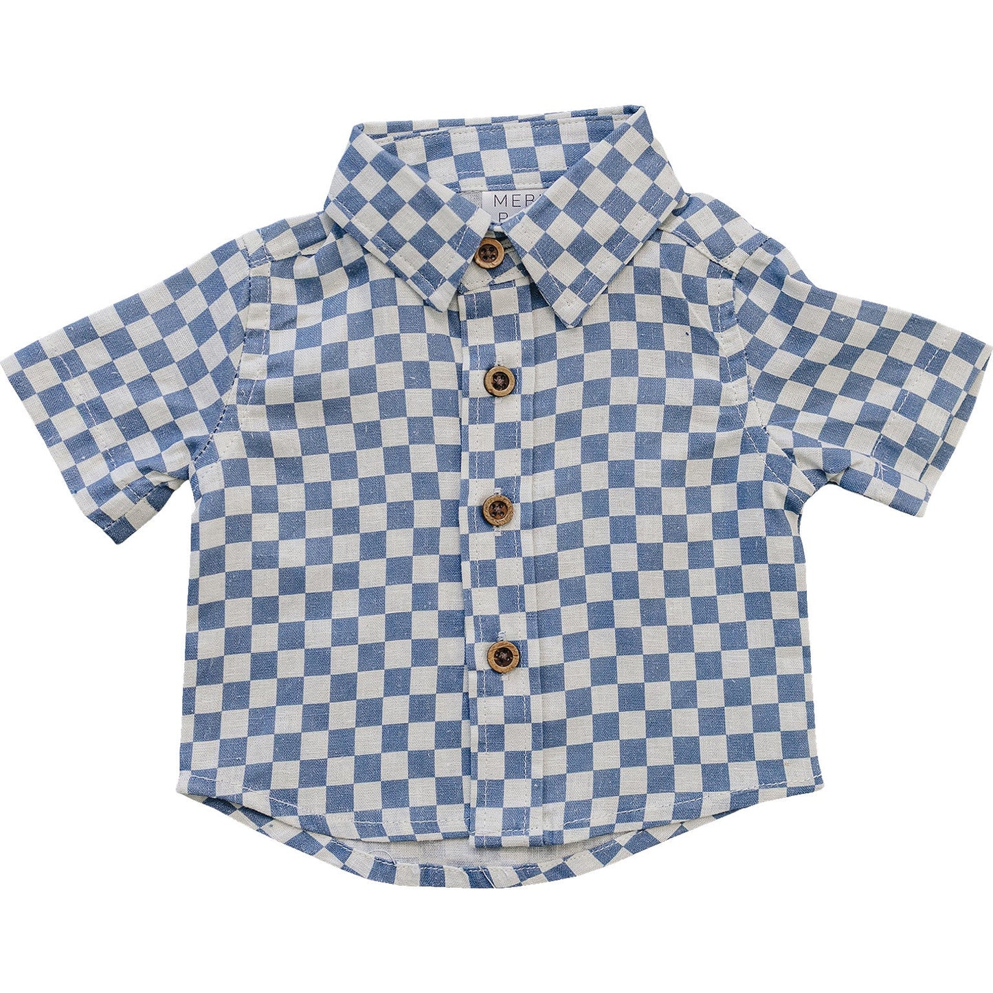Mebie Baby Blue Checkered Linen Button Up Shirt