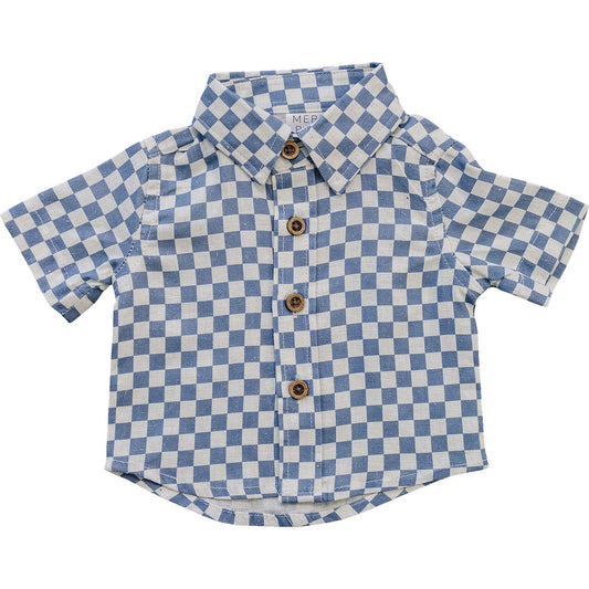Mebie Baby Blue Checkered Linen Button Up Shirt