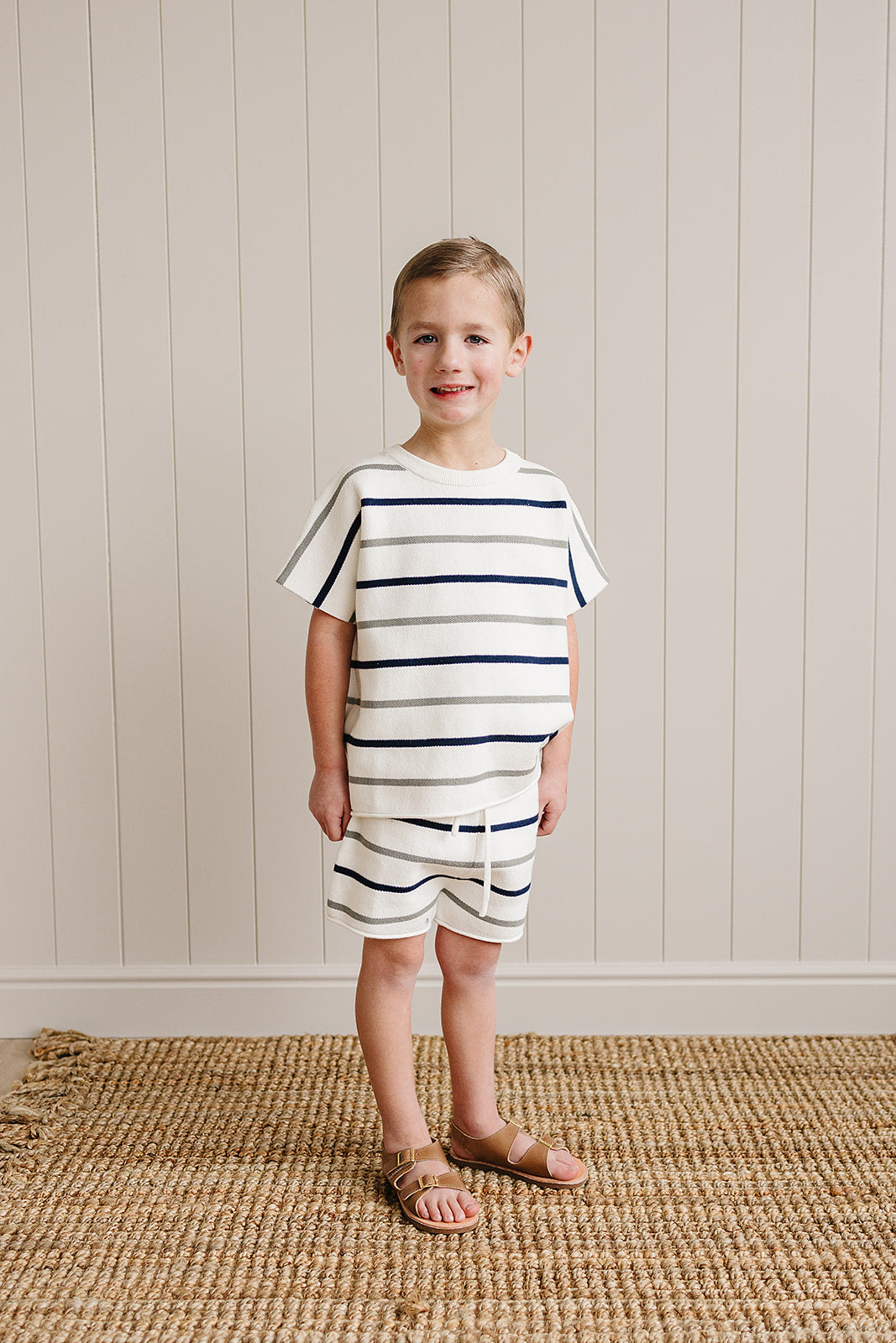 Mebie Baby Sage + Navy Stripe Knit Short Set