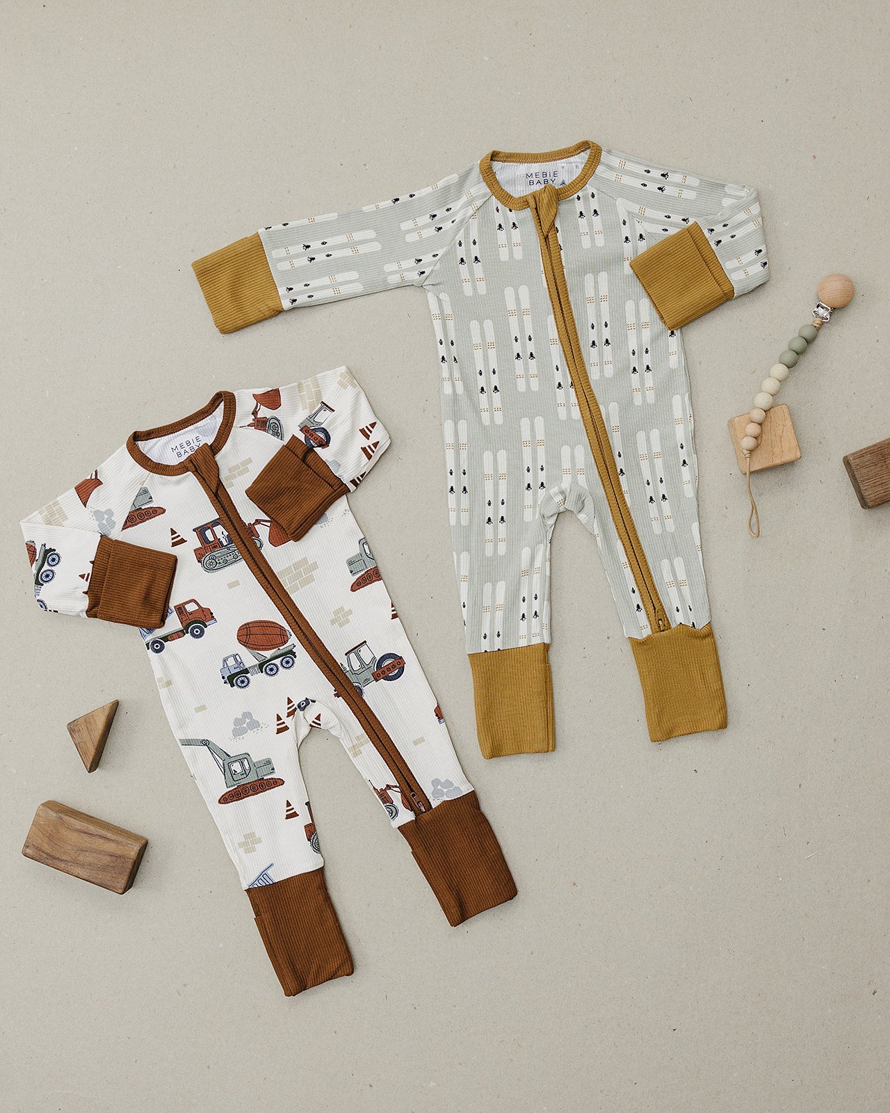 Mebie Baby Ribbed Bamboo Romper - Construction Trucks