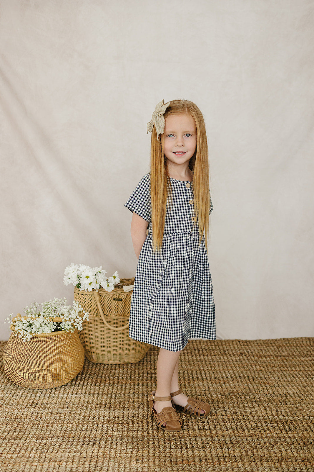 Mebie Baby Linen Cotton Dress - Navy Gingham