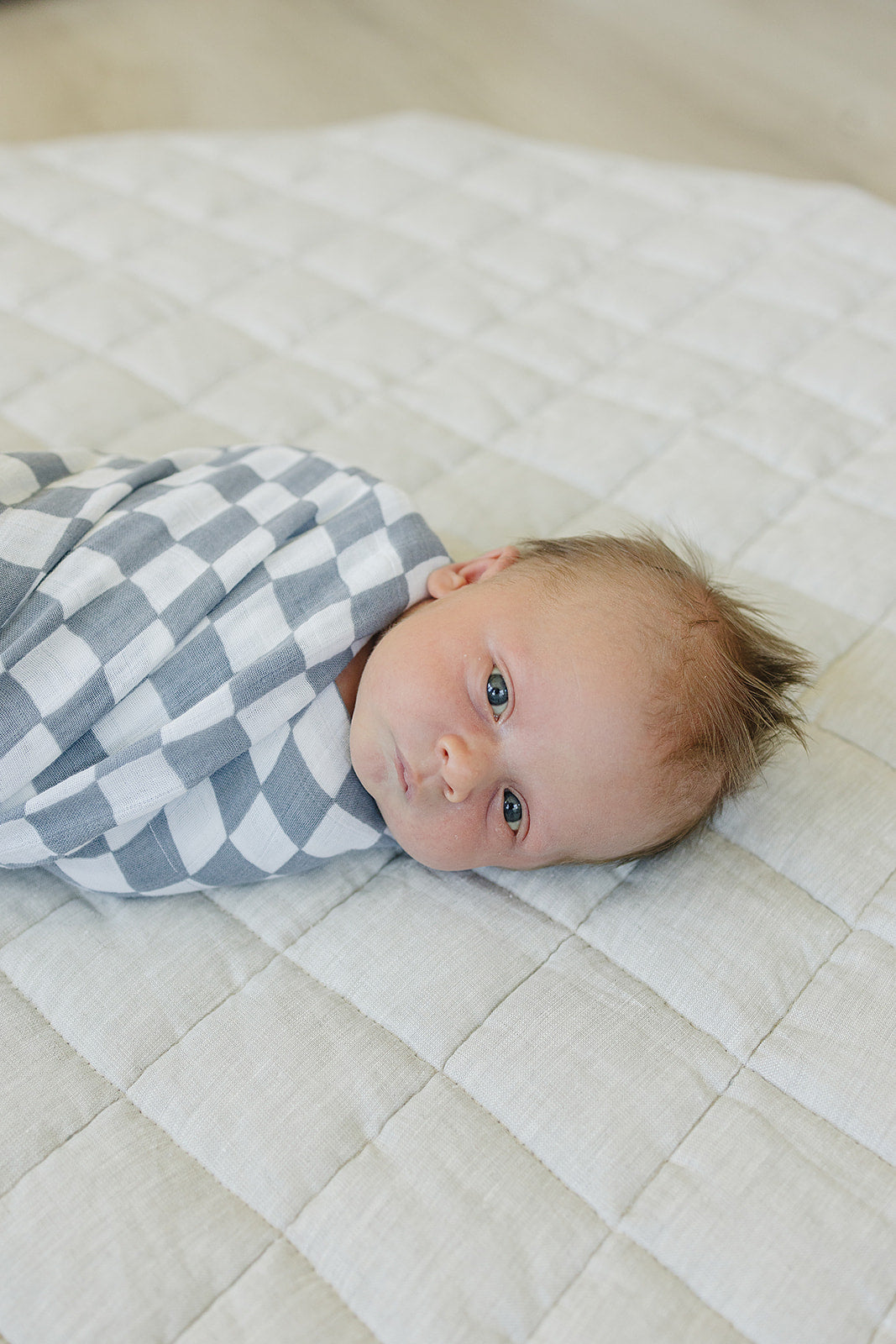 Mebie Baby Muslin Swaddle - Dusty Blue Wavy Checkered