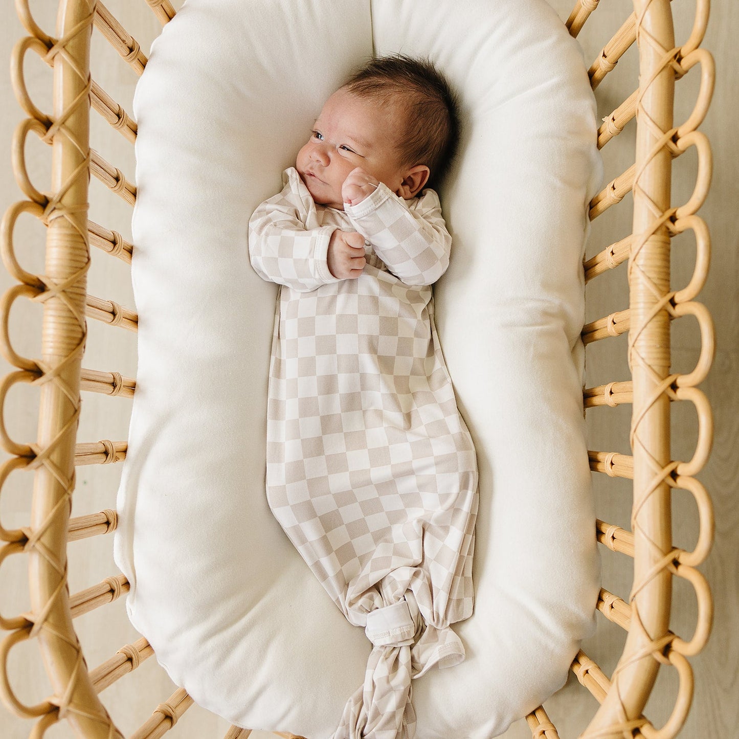 Mebie Baby Bamboo Knot Gown - Taupe Checkered