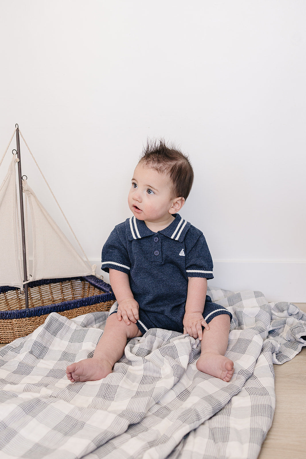 Mebie Baby Collared Sailboat Knit Short Romper