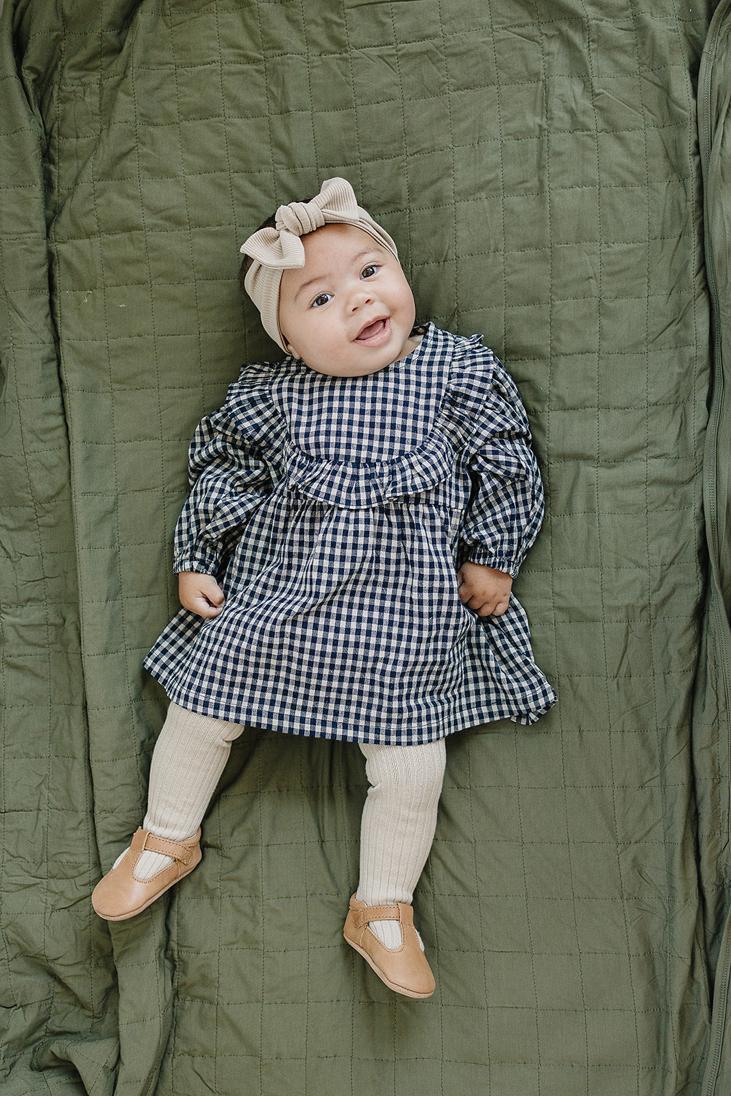 Mebie Baby Gingham Long Sleeve Ruffle Linen Dress