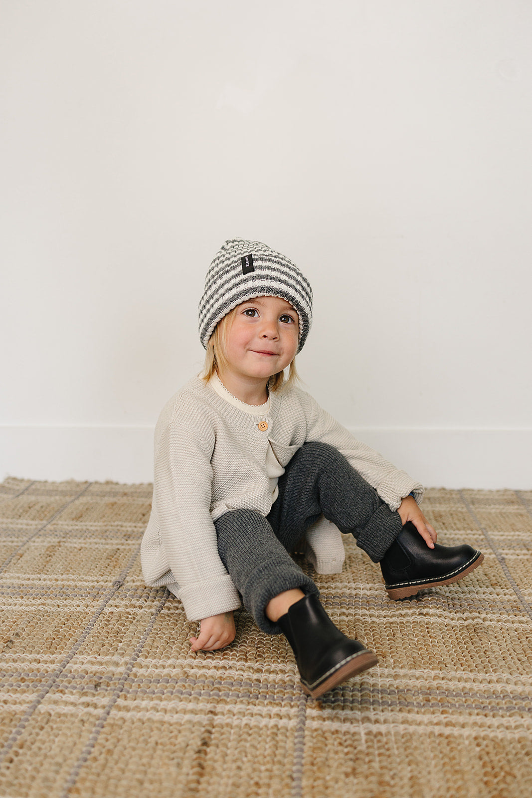 Mebie Baby Grey & White Stripe Chunky Knit Beanie
