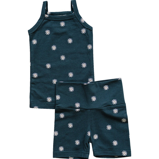 Mebie Baby Tank + Biker Short Set - Navy Daisies